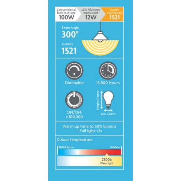 LED Filament GLS 1521 Lumens Es 12W Light Bulb