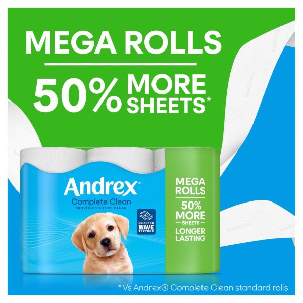 Andrex Complete Clean Toilet Tissue 12 Mega Rolls 50% More Sheets