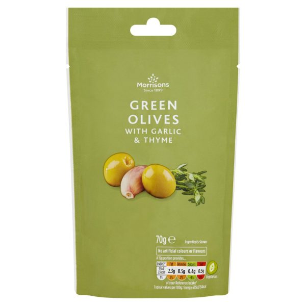 Morrisons Pitted Green Olives With Garlic & Thyme (70g)