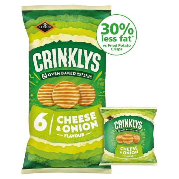 Jacob's Crinklys Cheese & Onion 30% Less Fat Pack Of 6 Multipack Snacks