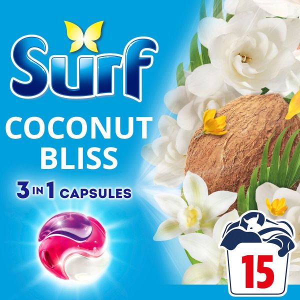 Surf 3 in 1 Laundry Washing Detergent Capsules Coconut Bliss 15 Washes