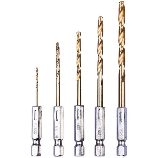 5 Piece  6.25mm (1/4") Titanium coated high speed steel (HSS) drill bit set