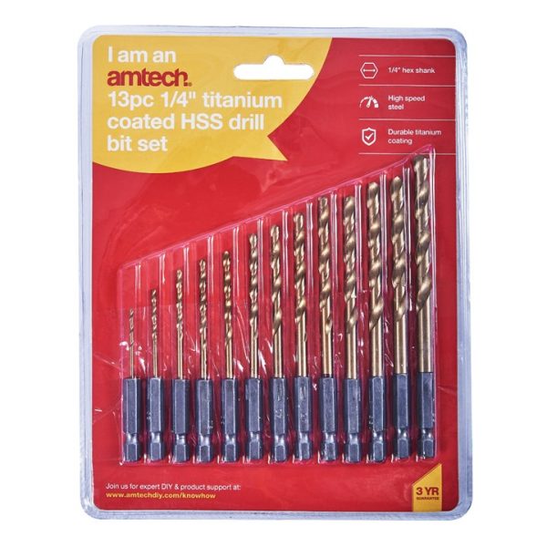 13 Piece 6.25mm (1/4") Titanium coated high speed steel (HSS) drill bit set