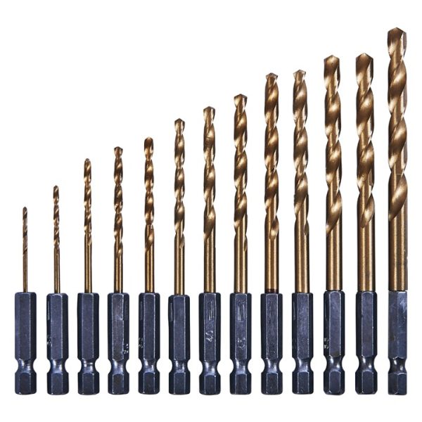 13 Piece 6.25mm (1/4") Titanium coated high speed steel (HSS) drill bit set