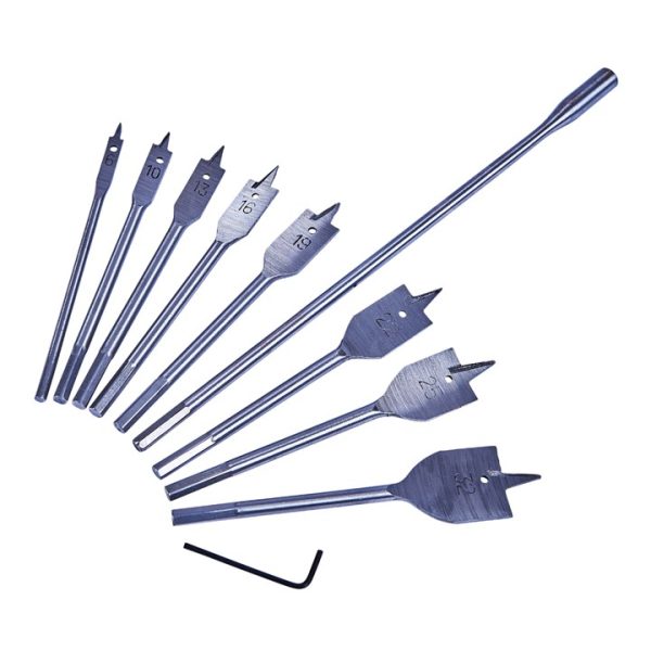 8 Piece flat wood bit set with 30mm (12") extension