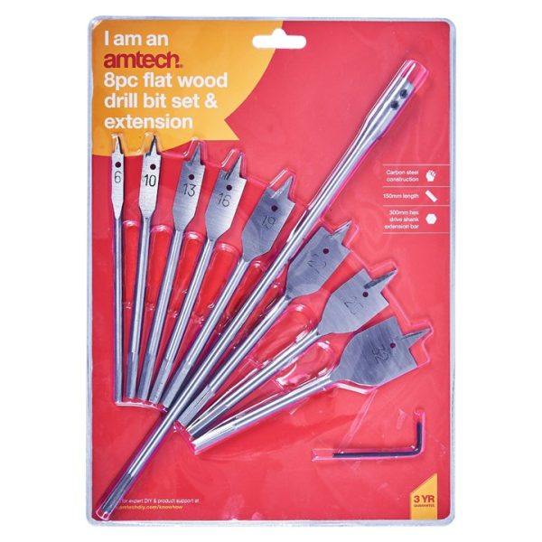 8 Piece flat wood bit set with 30mm (12") extension