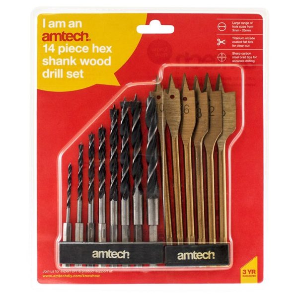 14 Piece hex shank wood drill set