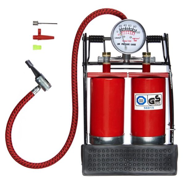 Double cylinder foot pump with gauge