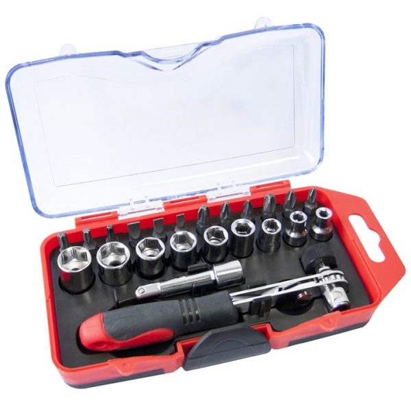 23 Piece offset ratchet handle, bit and socket set