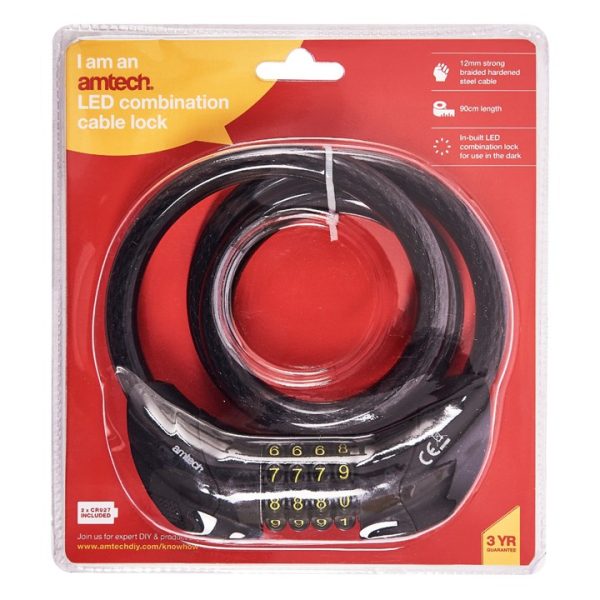 900mm (35") x 12mm security cable with built-in LED combination lock