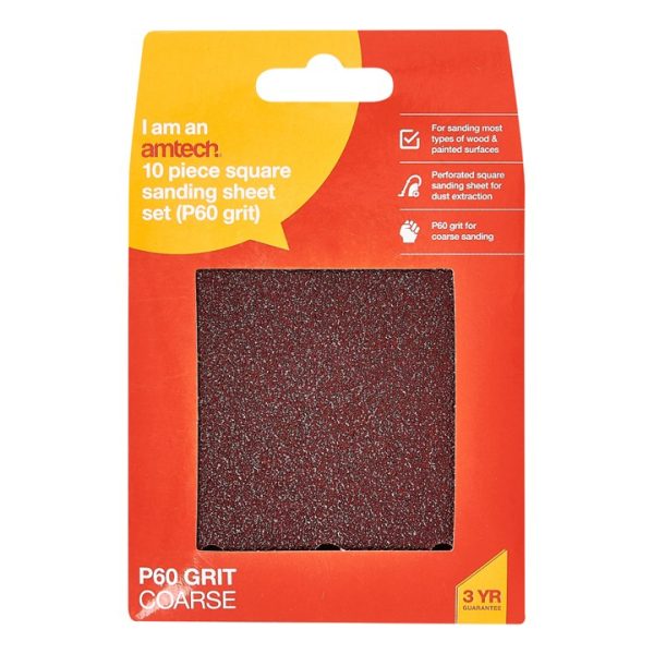 10 x P60 grit square sanding sheets (110mm x 100mm)