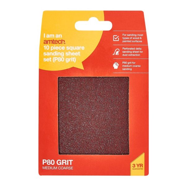 10 x P80 grit square sanding sheets (110mm x 100mm)