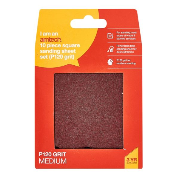 10 x P120 grit square sanding sheets (110mm x 100mm)