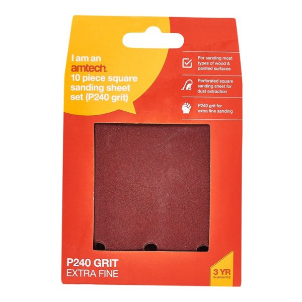 10 x P240 grit square sanding sheets (110mm x 100mm)