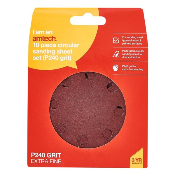 10 x P240 grit circular sanding sheets (115mm diameter)