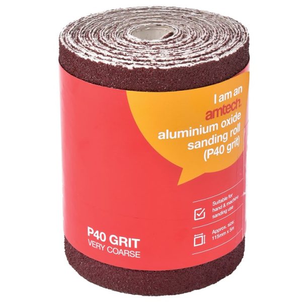 P40 grit (very coarse) aluminium oxide sanding roll (115mm x 500cm)