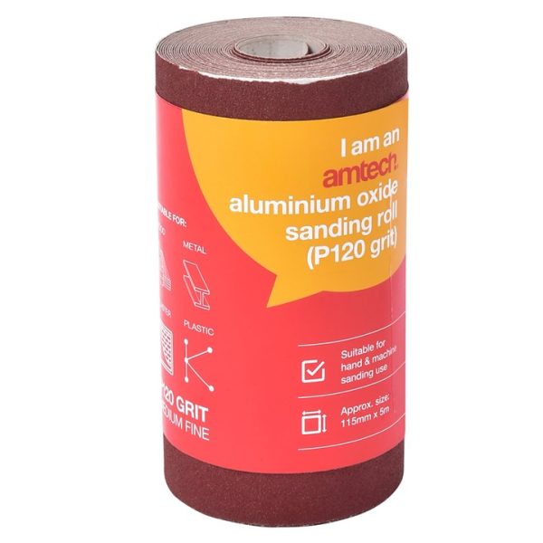 P120 grit (medium fine) aluminium oxide sanding roll (115mm x 500cm)