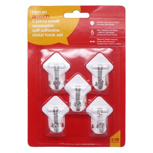 5 Piece small, removable self-adhesive metal hook set (3.4cm x 3.4cm)