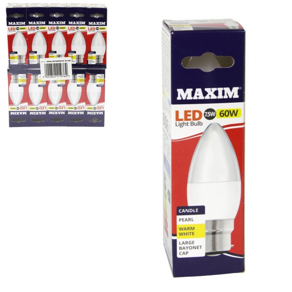 10 X MAXIM 7.5W=60W CANDLE LED LIGHT BULB BAYONET / BC WARM WHITE PEARL