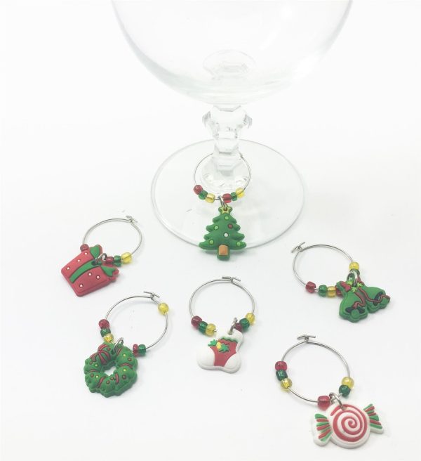 6 CHRISTMAS XMAS WINE GLASS CHARMS RING