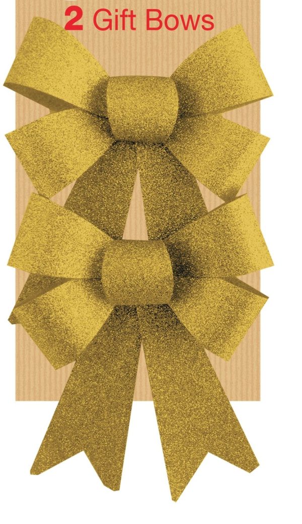 PACK OF 2 GLITTER BOWS GOLD CHRISTMAS DECORATION