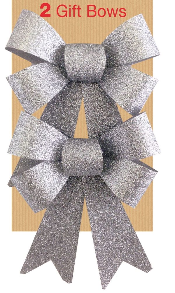 2 IN A PACK GLITTER BOWS SILVER CHRISTMAS DECORATION