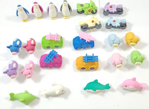 CUTE ANIMAL CAR BIKE TOY GIFTS SIMULATION RUBBER PENCIL ERASER SET 3 PACK ( 12 PCS )