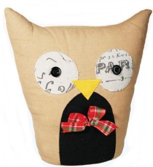 OWL CREAM COLOURED FABRIC DOOR STOPPER 1KG WITH CHECKERED BOW