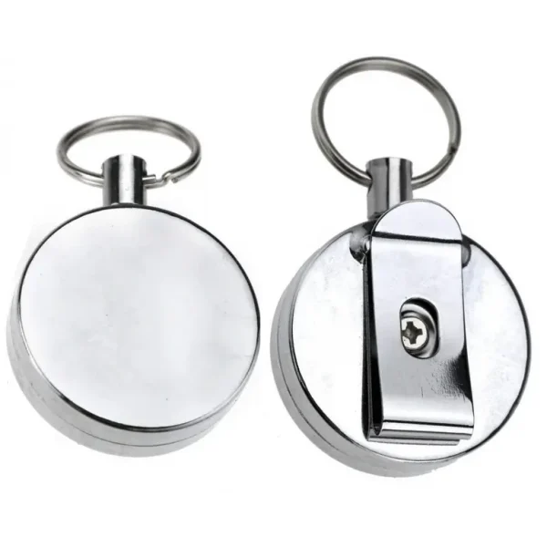 PULL KEY REEL 1M EXTENDABLE RETRACTABLE WIRE RECOIL METAL CHROME ID KEYRING HOLDER - HEAVY DUTY VERS