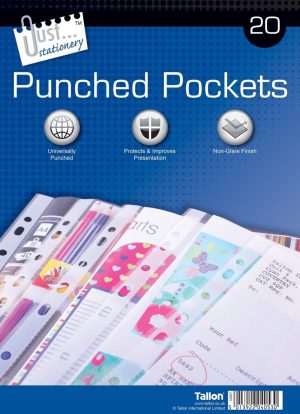 JUST STATIONERY 20 CLEAR PLASTIC PUNCHED POCKET