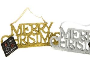 GLITTER MERRY CHRISTMAS HANGING PLAQUE - GOLD XMAS DOOR WALL DECORATION