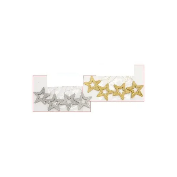 4 GLITTER GOLD AND SILVER STAR HANGING CHRISTMAS DECORATIONS - GOLD AND SILVER PACK OF 2