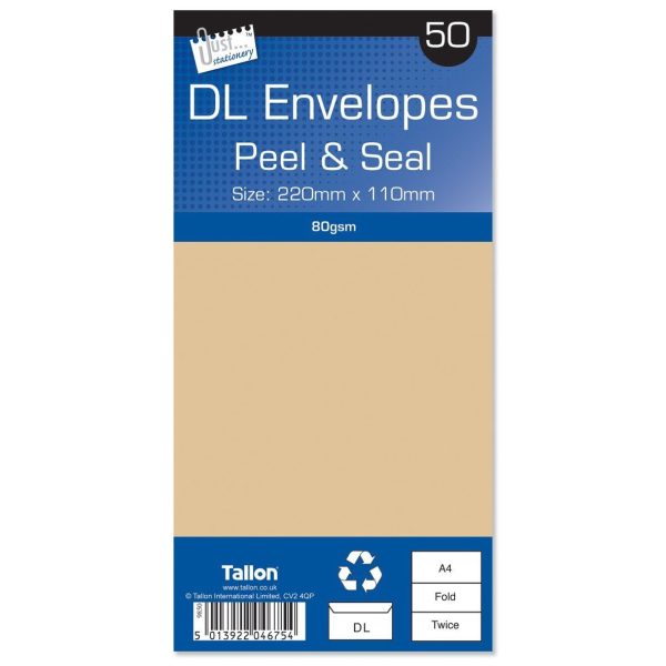 TALLON MANILA ENVELOPES - DL - PACK OF 50 - PEAL SEAL DL 220MM X 110MM BROWN / MANILA - PACK OF 1