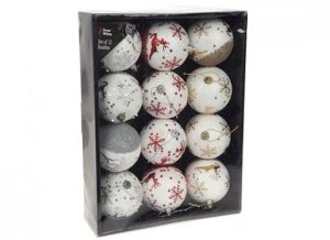 SET OF 12 REINDEER DESIGN 8CM BAUBLES RED GOLD SILVER
