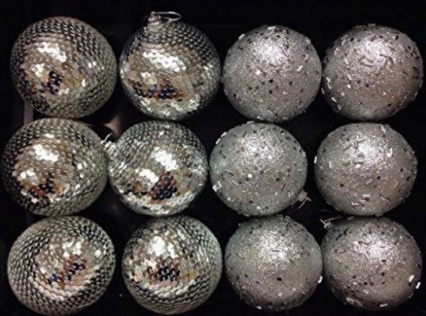 SET OF 12 SEQUINS DESIGN 8CM BAUBLES SILVER