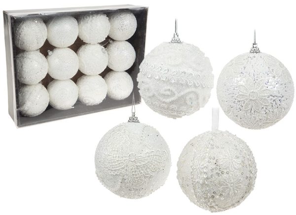 SET OF 12 WHITE CROCHET STYLE BAUBLES