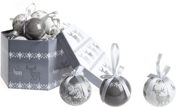 14 GREY DEER DELUXE POLYFOAM CHRISTMAS BAUBLES IN BOX