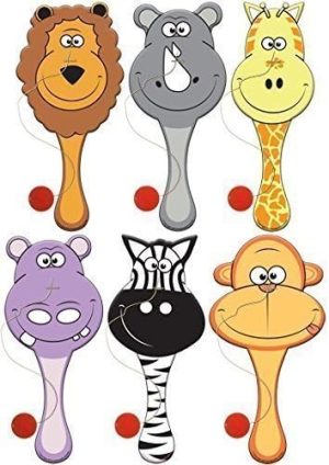 JUNGLE WOODEN PADDLE BAT AND BALL GAMES PARTY BAG TOYS PACK OF 12