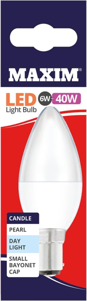 10 X MAXIM 6W=40W CANDLE LED LIGHT BULB SBAYONET / BC DAY LIGHT PEARL