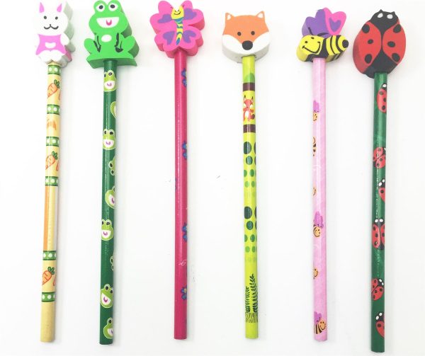 6 CUTE ANIMAL ERASER TOPPER PENCILS