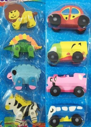 CUTE ANIMAL CAR VEHICLE TOY GIFTS SIMULATION RUBBER PENCIL ERASER SET ASSORTED SUPPLIED RANDOM CHOOS