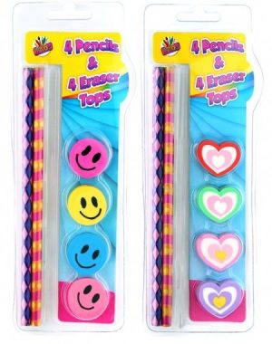 4 PENCILS AND 4 FANCY ERASER TOP HEART OR SMILEY FACE DESIGN