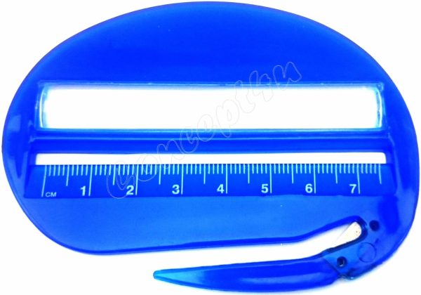 BLUE DESK TOOL MULTIFUNCTIONAL LETTER OPENER RULER MAGNIFIER