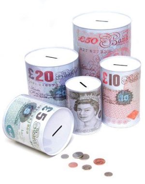 STERLING NOTES DESIGN MONEY BOX / MONEY SAVING TIN 10 X 15 CMq
