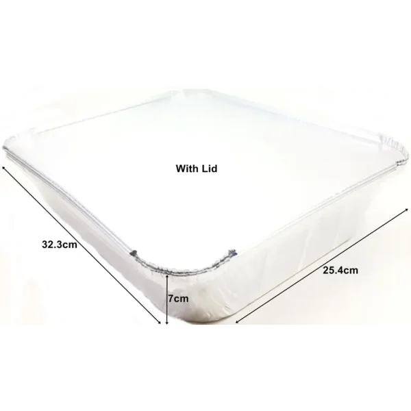 RECTANGULAR ALUMINIUM FOIL DISH WITH LIDS 32.3CM X 25.4CM X 7CM PACK OF 3