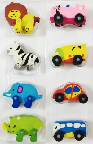 CUTE ANIMAL OR CAR VEHICLE ERASER SET ASSORTED SUPPLIED