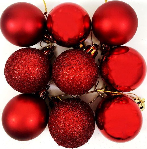 SET OF 9 LUXURY CHRISTMAS TREE BAUBLES RED TRADITIONAL COLOURS