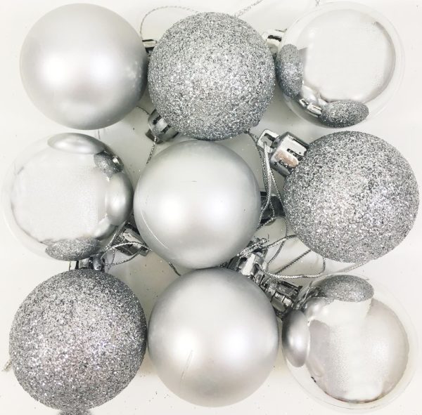 SET OF 9 LUXURY CHRISTMAS TREE BAUBLES SILVER TRADITIONAL COLOURS 8386