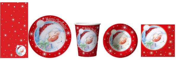 CUTE FATHER CHRISTMAS SANTA TABLEWARE PACK FOR 10 PEOPLE CUPS PLATES BOWLS NAPKINS TABLECOVER FR