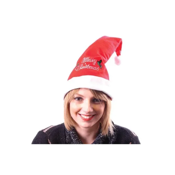 PLUSH FELT SANTA HAT EMBROIDERED ' MERRY CHRISTMAS ' GREAT FANCY DRESS COSTUME